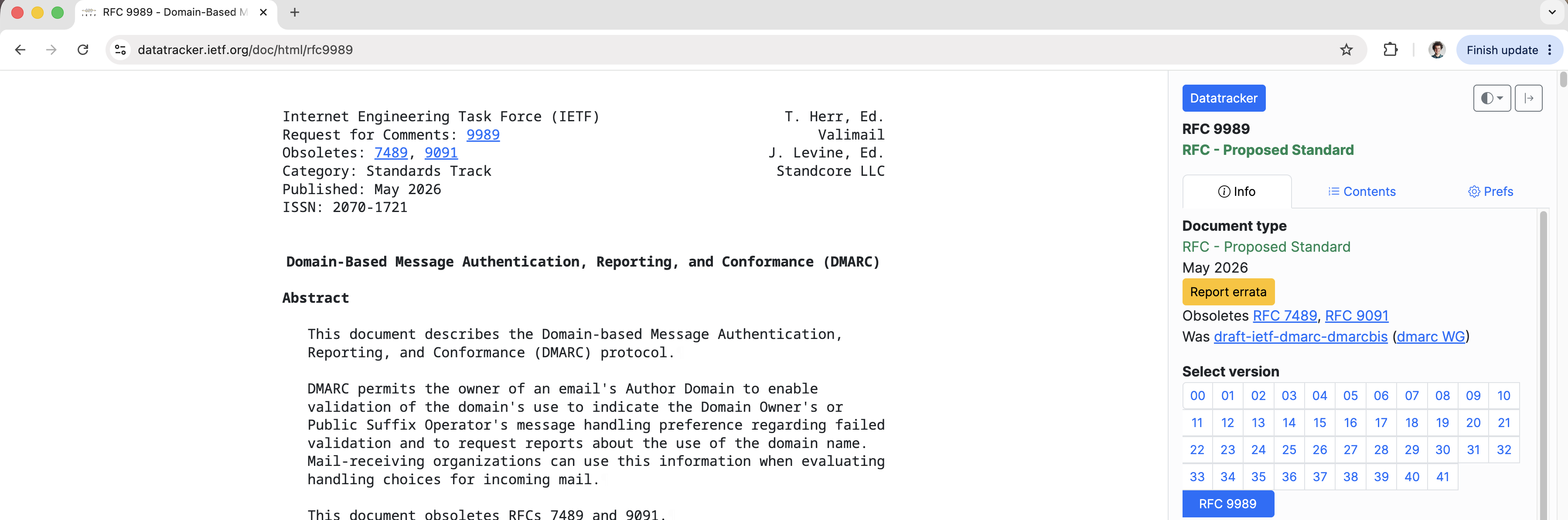 Screenshot of the IETF Datatracker page for RFC 9989, showing the document as a Proposed Standard published May 2026, obsoleting RFC 7489 and RFC 9091, authored by T. Herr (Valimail) and J. Levine (Standcore LLC).
