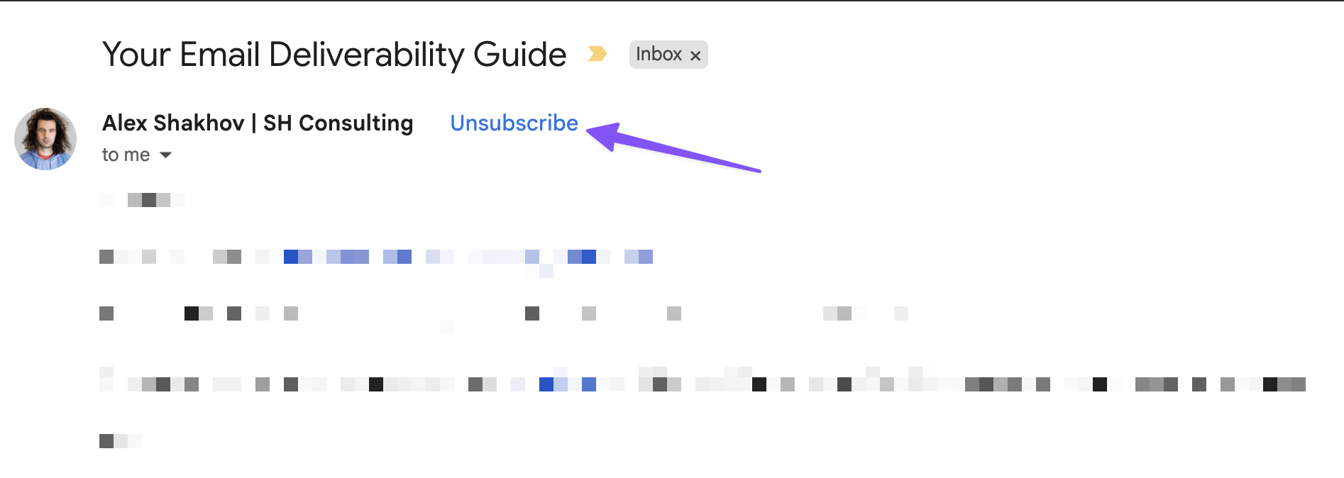 Gmail message header row showing the native Unsubscribe link next to the sender name
