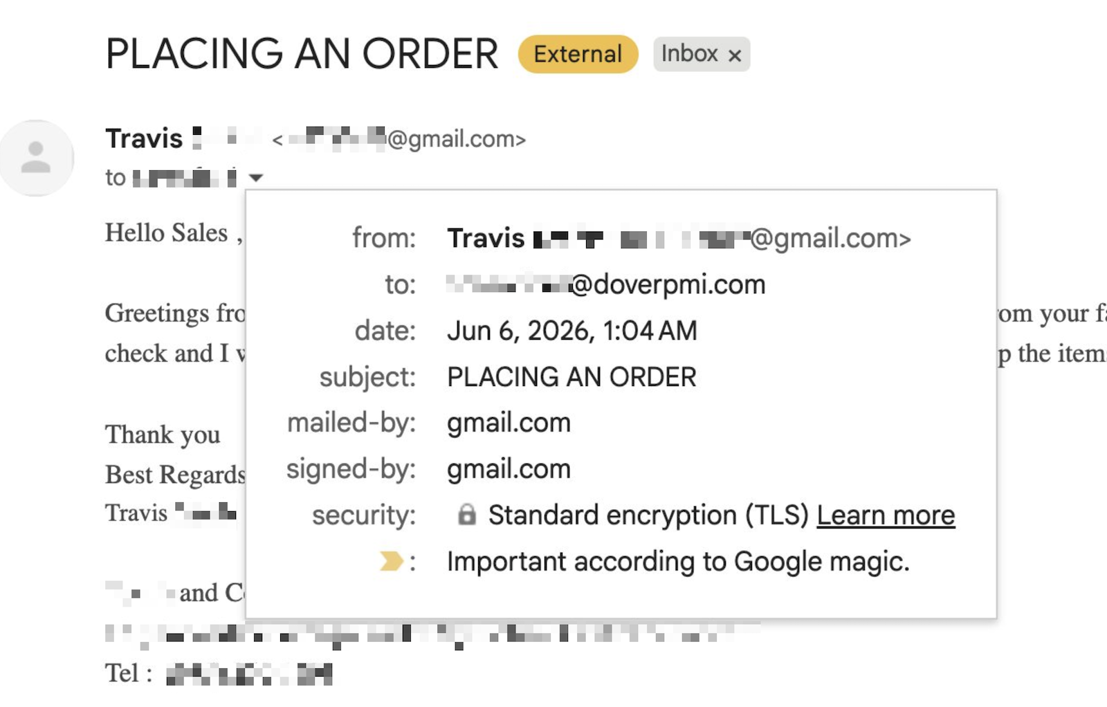 A live purchase enquiry addressed to "Sales" at a doverpmi.com mailbox, with sender details blurred.