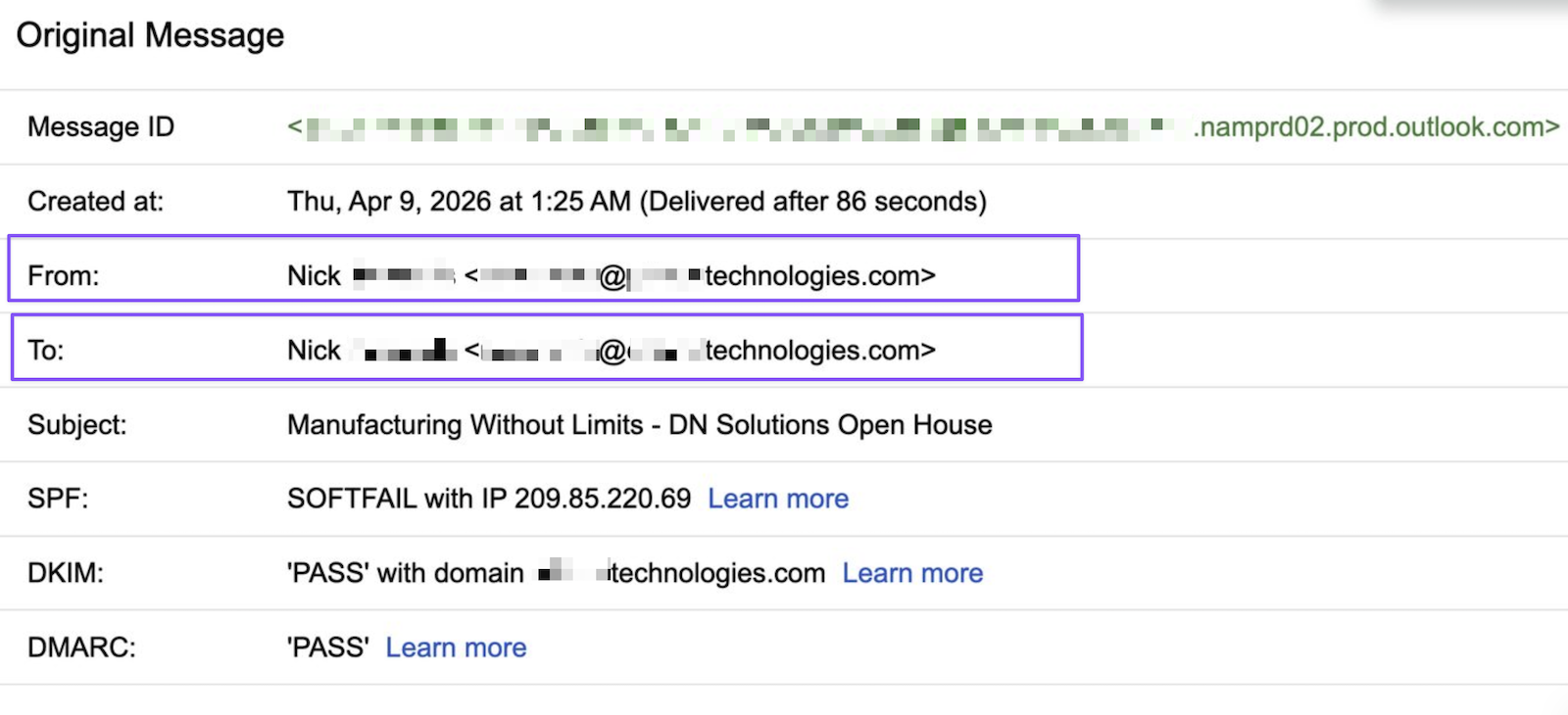 A Gmail security summary for a corporate sender at a different company, showing DKIM and DMARC pass under a p=reject policy, with the sender identity blurred.