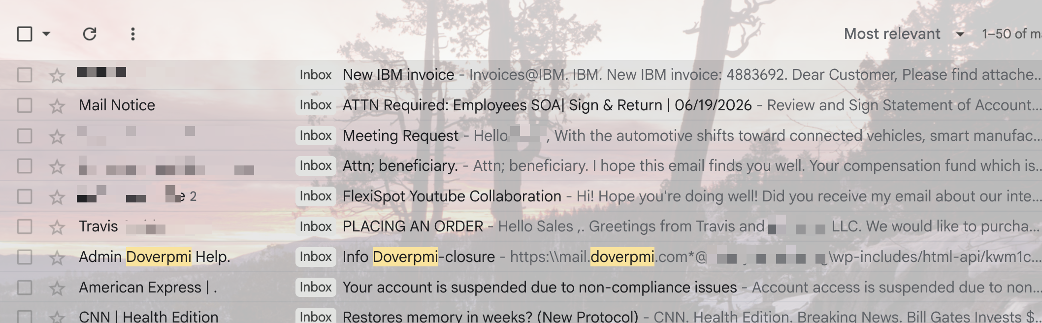 Catch-all inbox for a re-registered corporate domain, showing live vendor mail, motorsport-industry newsletters, and DMARC reports still arriving weeks after registration.