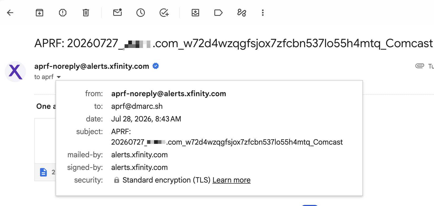 Gmail message details for an APRF report showing sender aprf-noreply at alerts.xfinity.com, recipient aprf at dmarc.sh, and a 32-character Amazon SES selector in the subject