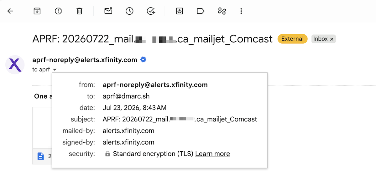 A daily APRF report from Comcast open in Gmail, showing the sender, the collection mailbox it was delivered to, and the subject line encoding signing domain and selector.