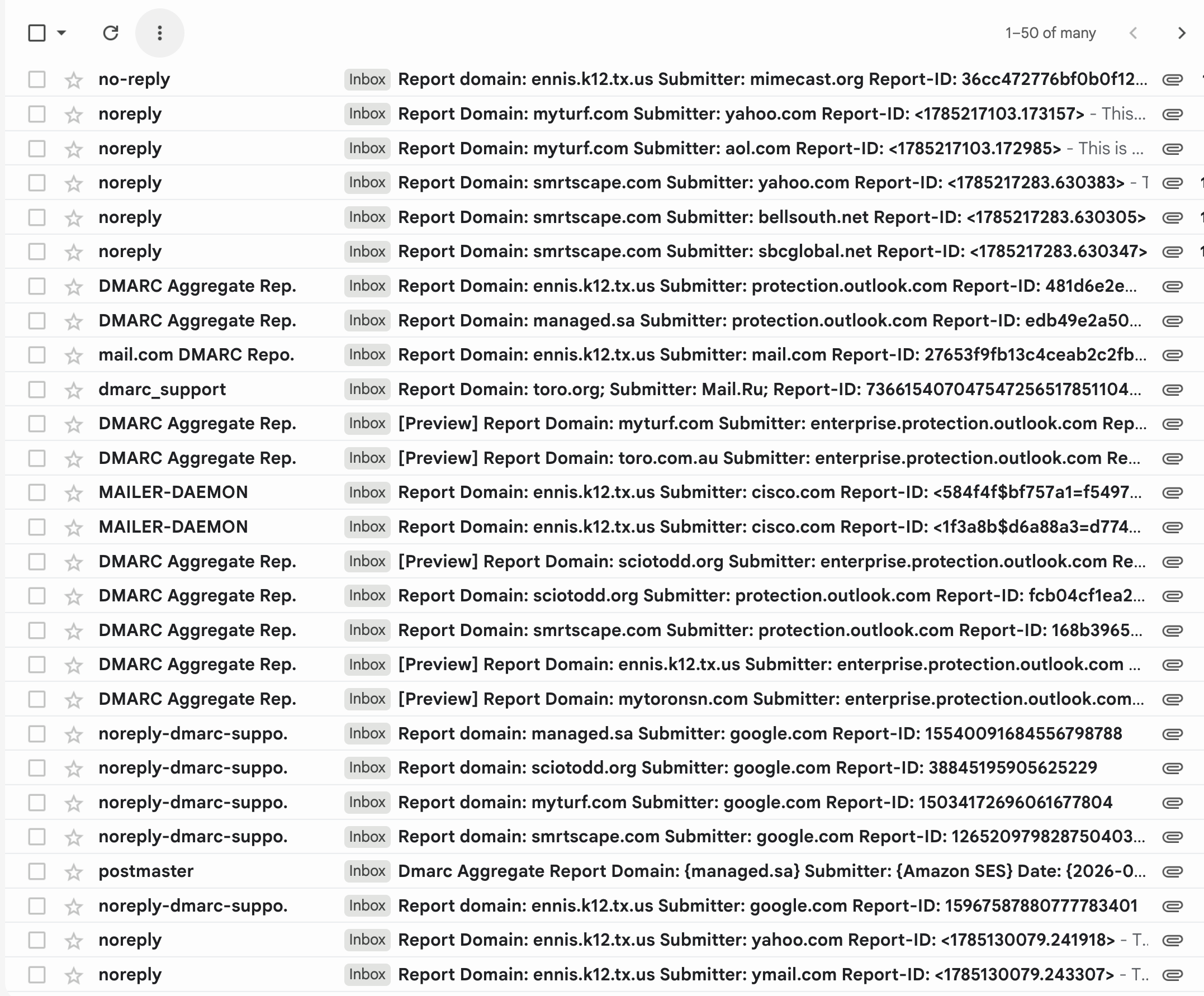 Endpoint mailbox showing inbound DMARC aggregate reports across multiple affected domains from Microsoft, Google, Yahoo, Mimecast, Cisco, Mail.Ru, AOL and mail.com