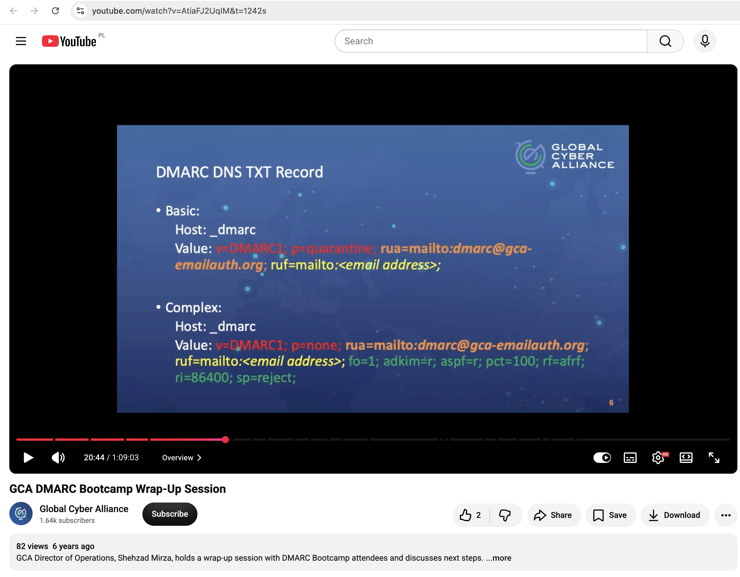 GCA-branded training slide in a Global Cyber Alliance bootcamp video showing a DMARC DNS TXT record example with rua set to dmarc at gca-emailauth.org.
