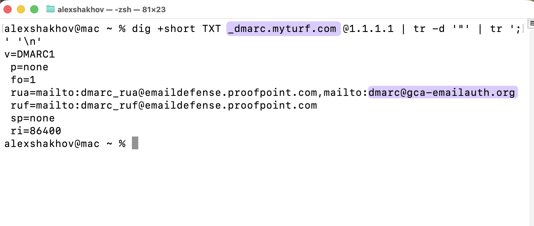 Terminal output of dig for _dmarc.myturf.com showing v=DMARC1 with p=none and sp=none, and gca-emailauth.org as the second rua address behind a Proofpoint address.