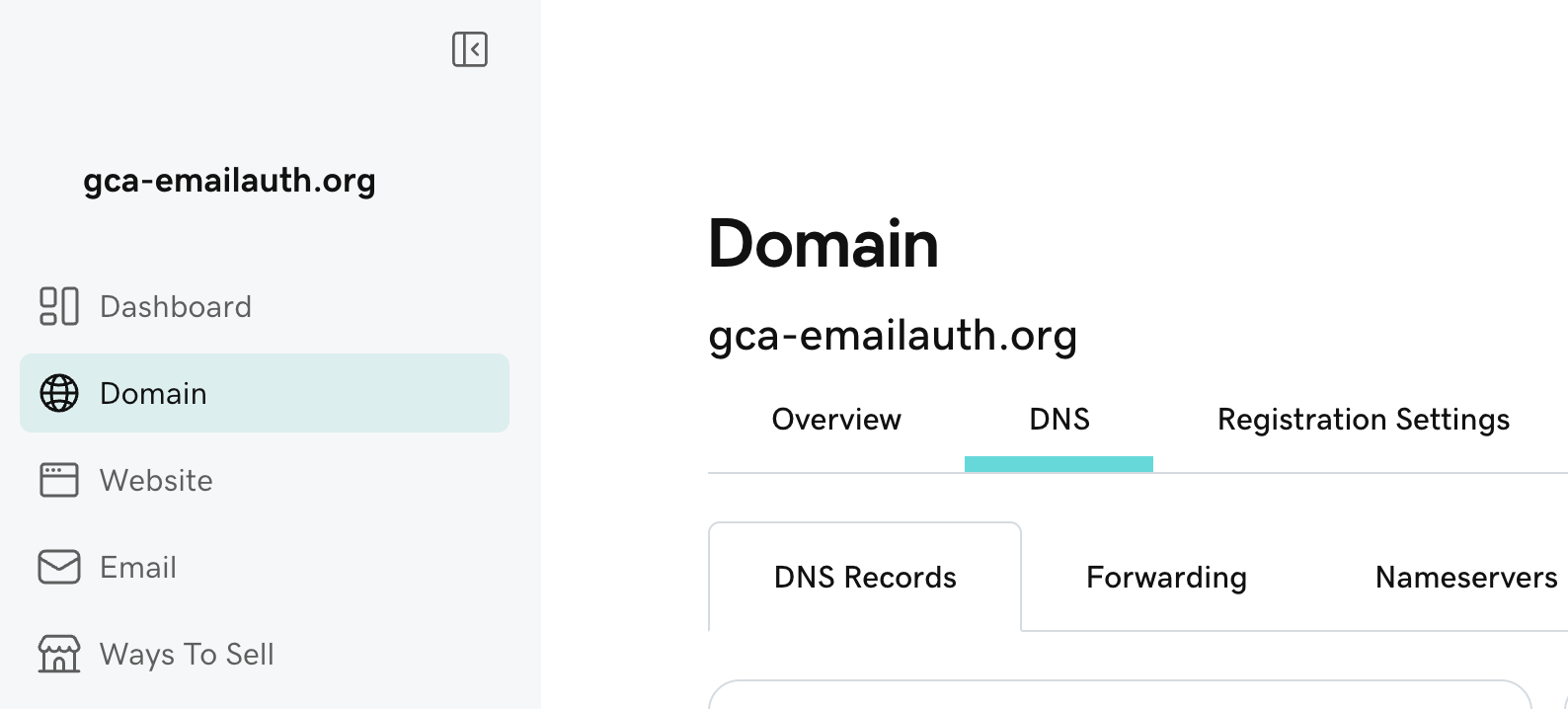 Registrar control panel showing gca-emailauth.org under SH Consulting management