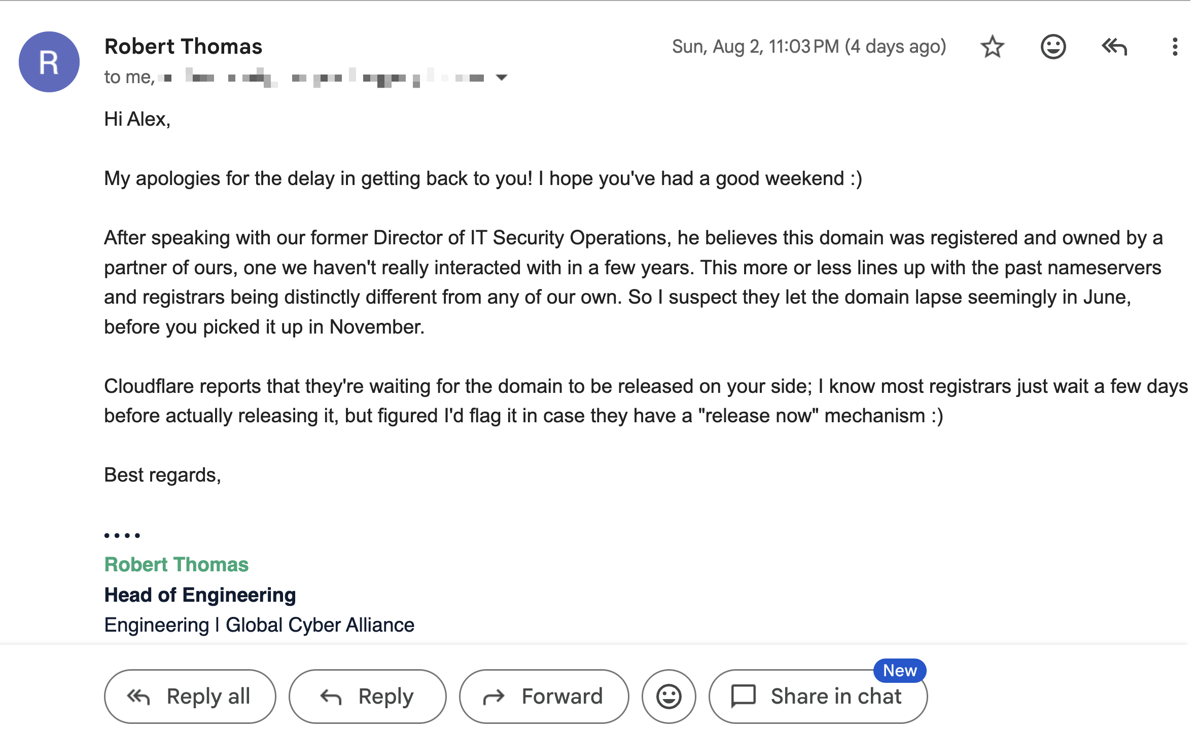 Email from GCA's Head of Engineering describing the domain as most likely a former partner's, with recipient addresses redacted.