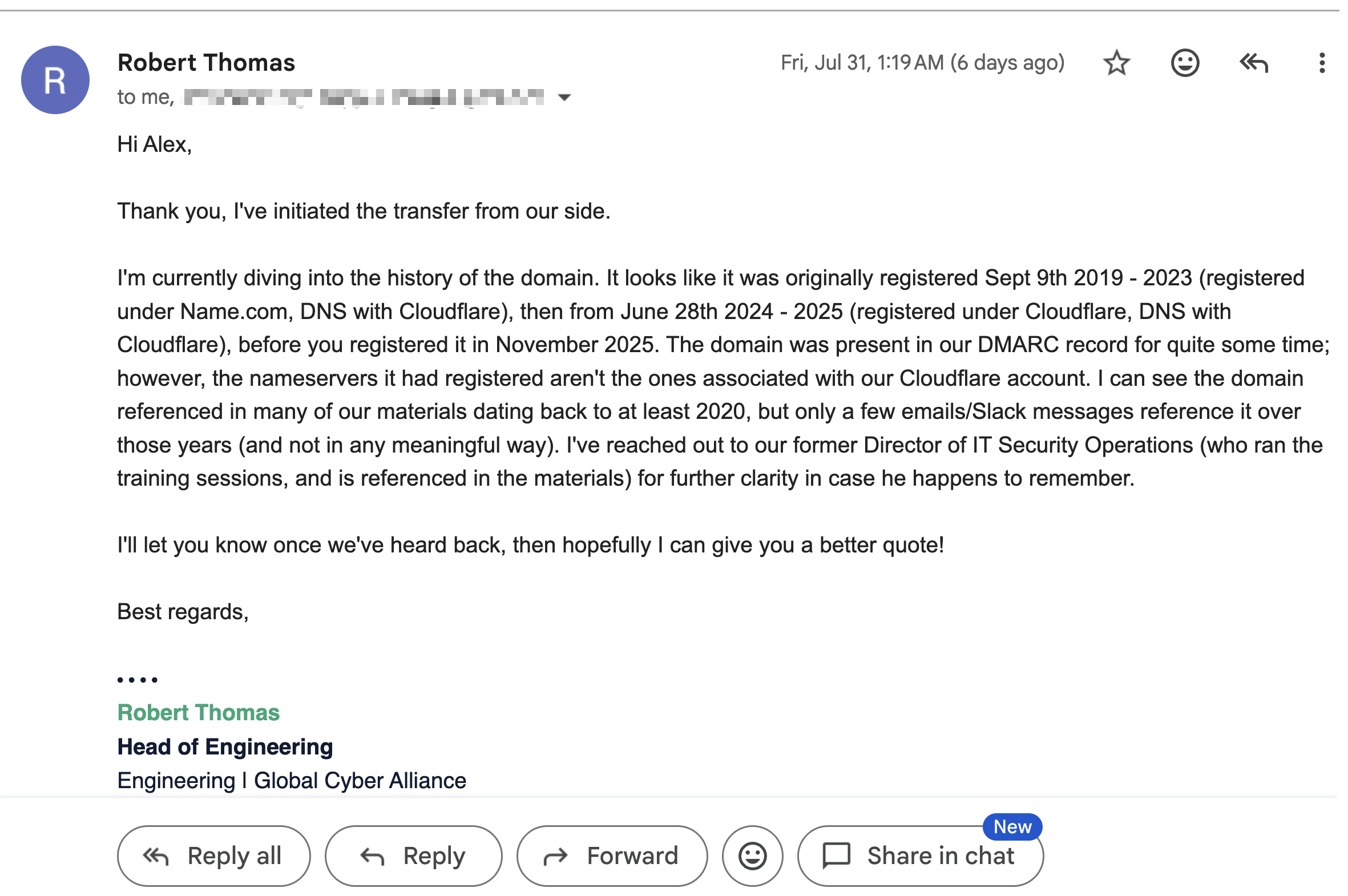 Email from GCA's Head of Engineering giving the registration history and noting the nameservers do not match GCA's Cloudflare account
