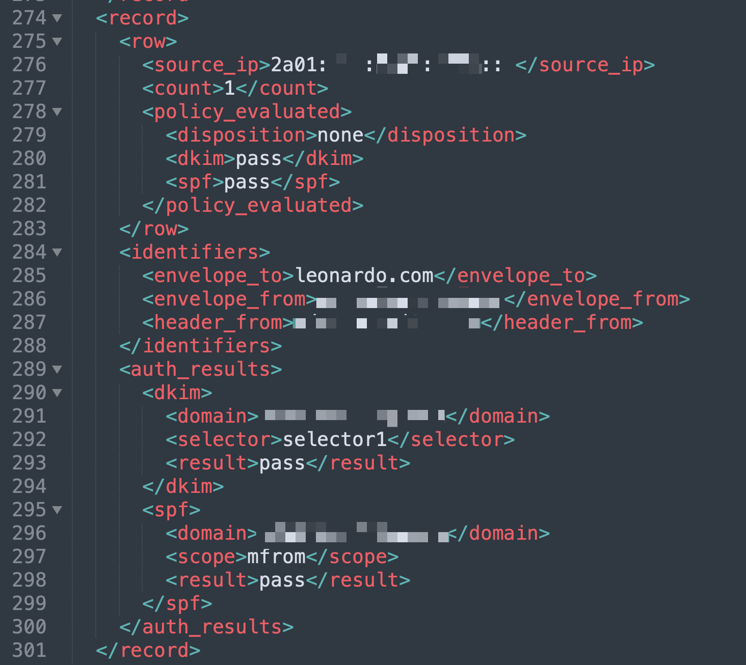 Raw Microsoft DMARC aggregate report from separate remediated research showing an identifiers block with envelope_to set to leonardo.com; source IP, envelope_from, header_from, DKIM domain and SPF domain are redacted.