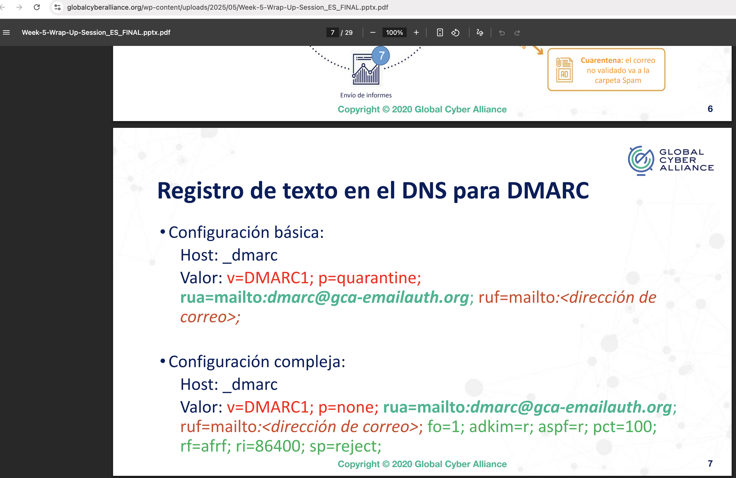The Spanish-language deck served live from globalcyberalliance.org, same slide, same endpoint