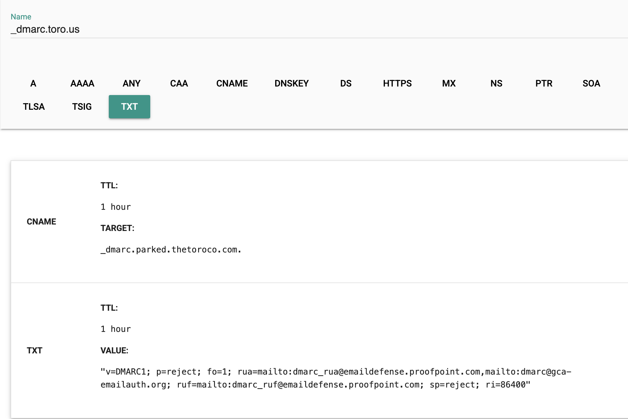 _dmarc.toro.us resolving as a CNAME to _dmarc.parked.thetoroco.com, with the shared TXT value