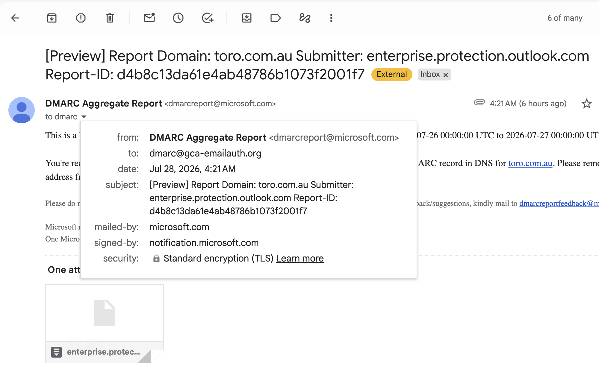 Microsoft aggregate report for toro.com.au delivered to dmarc@gca-emailauth.org on 28 July 2026, showing the recipient address and the attached report
