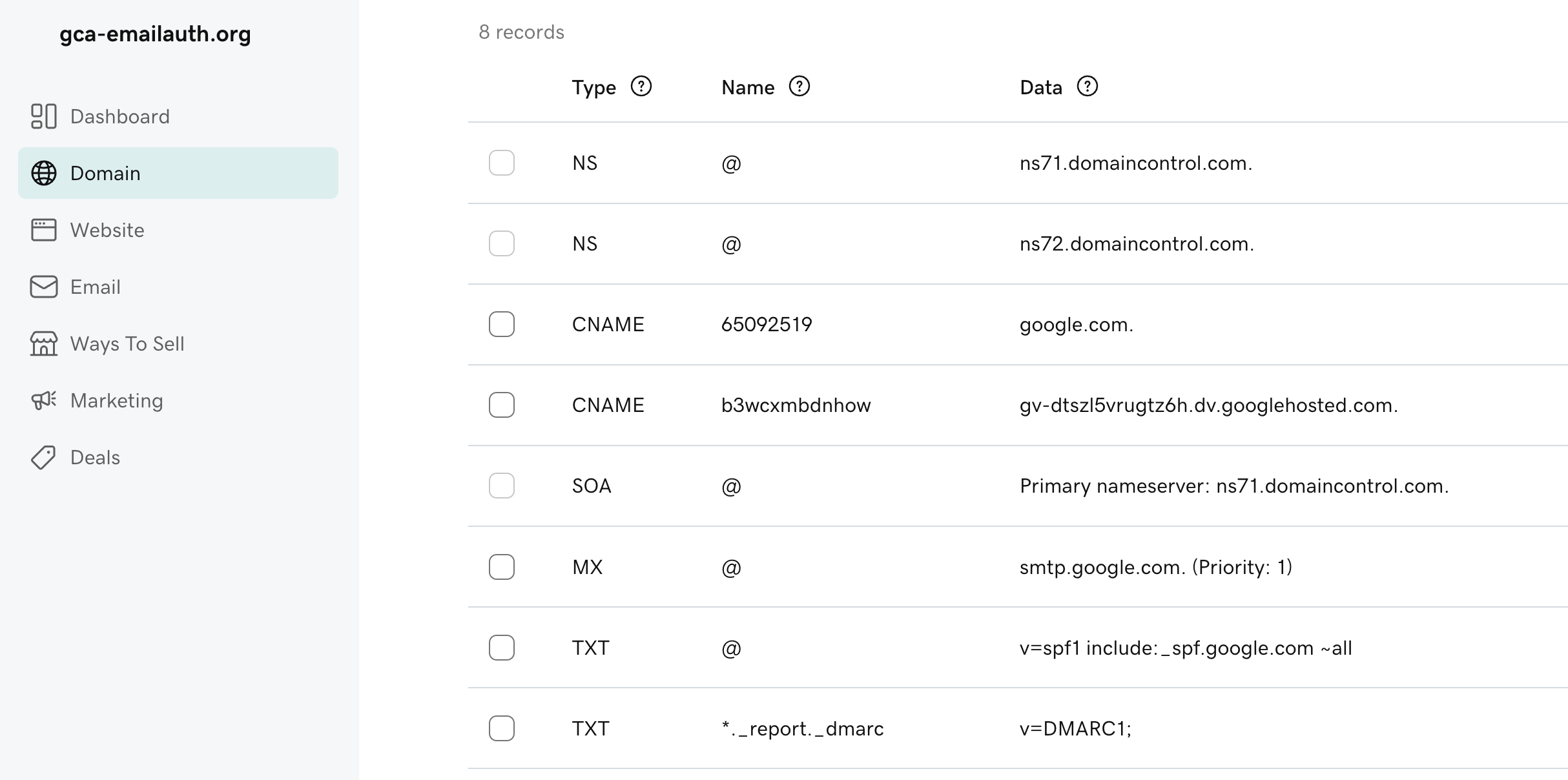 DNS records for gca-emailauth.org: GoDaddy nameservers, Google Workspace MX and verification records, SPF, and a wildcard external destination verification record