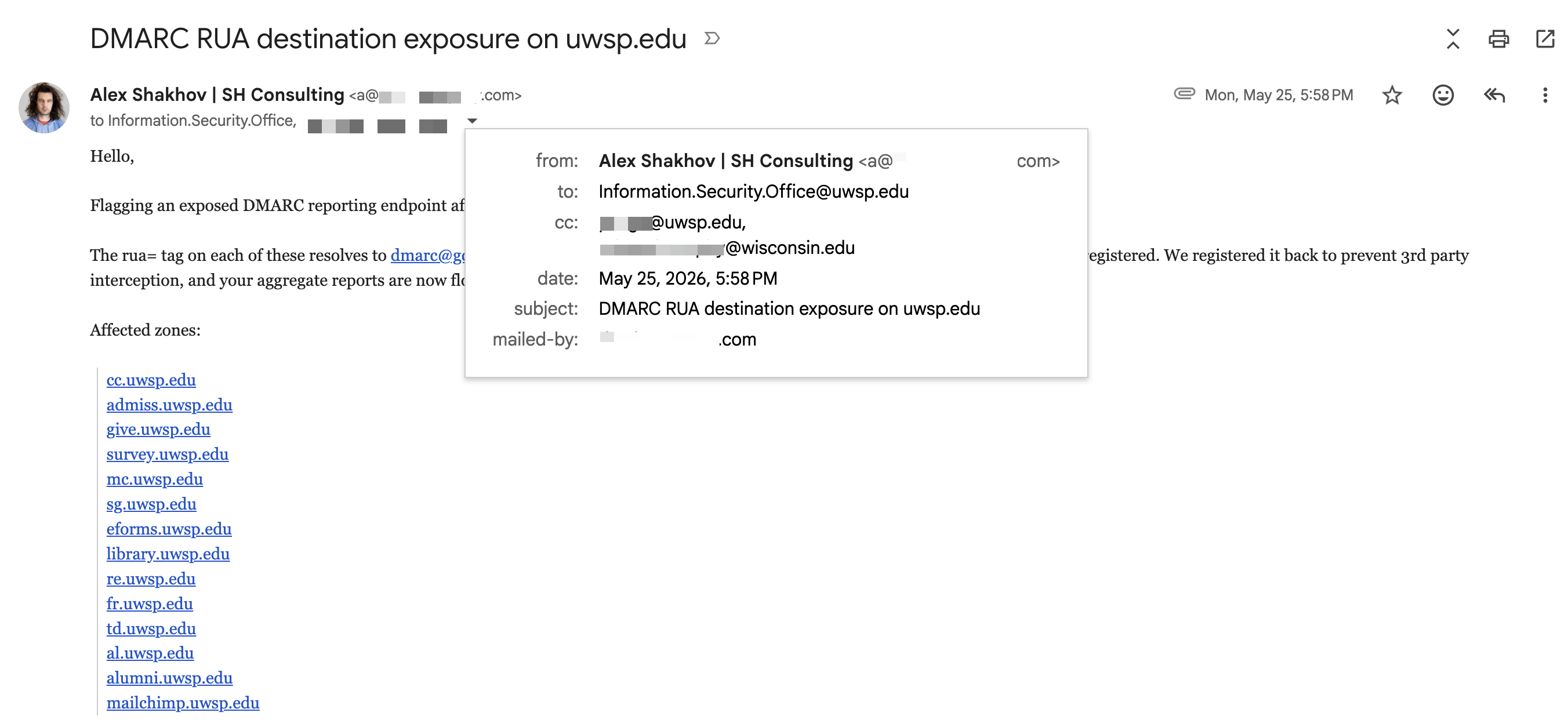 Disclosure to UWSP Information Security Office, 25 May 2026, enumerating the fourteen affected zones, with recipient addresses redacted