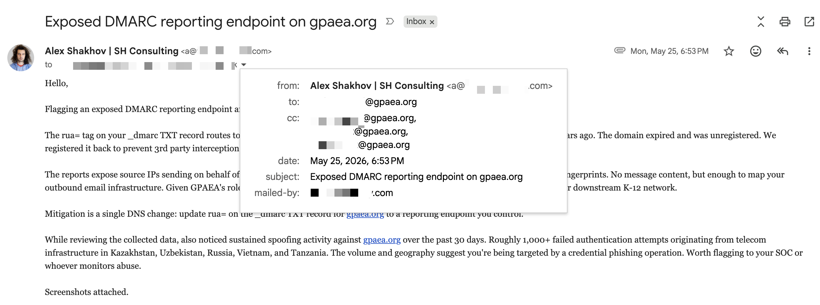 Disclosure to Great Prairie AEA, 25 May 2026, including the spoofing analysis, with recipient addresses redacted
