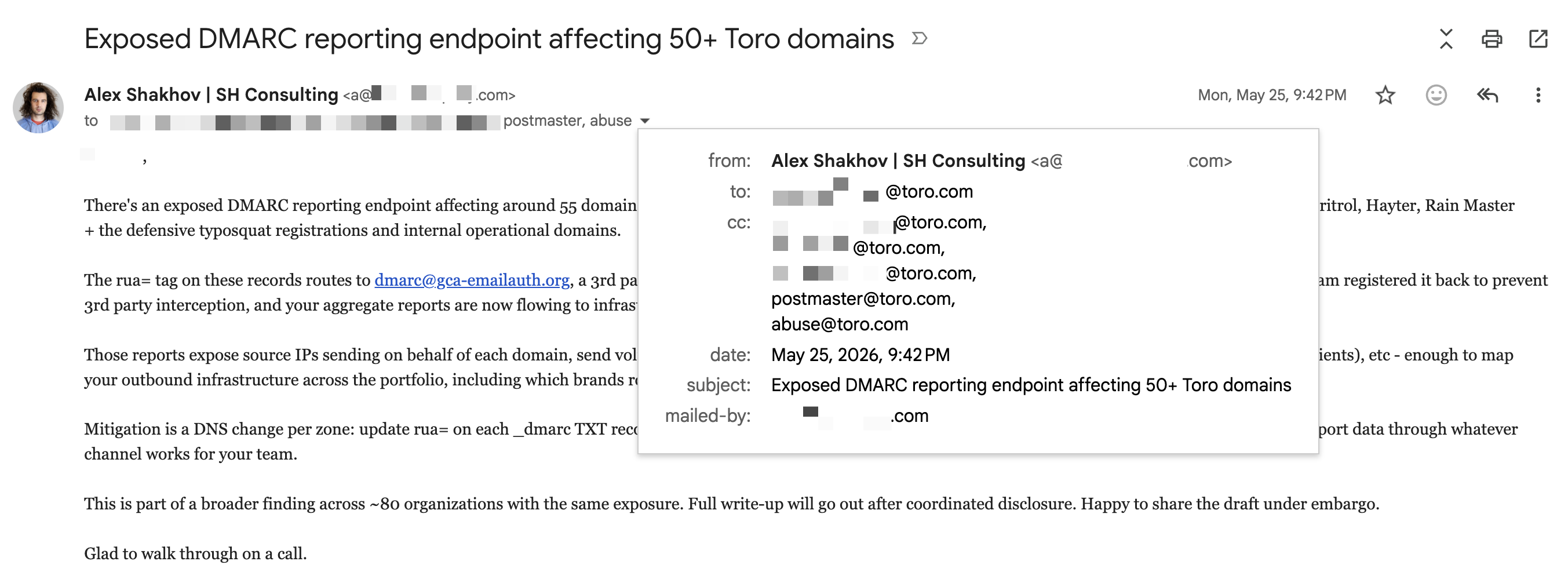 Disclosure to The Toro Company, 25 May 2026, sent to the CISO, three stakeholders, and postmaster and abuse role addresses