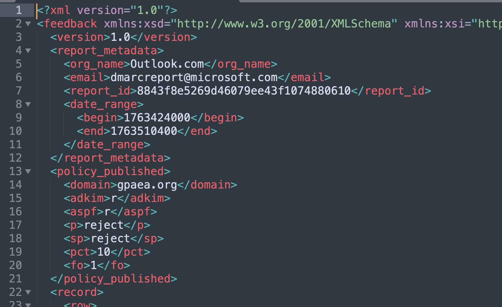 Microsoft aggregate report for gpaea.org, policy_published block showing p=reject, sp=reject, pct=10, dated 18 November 2025