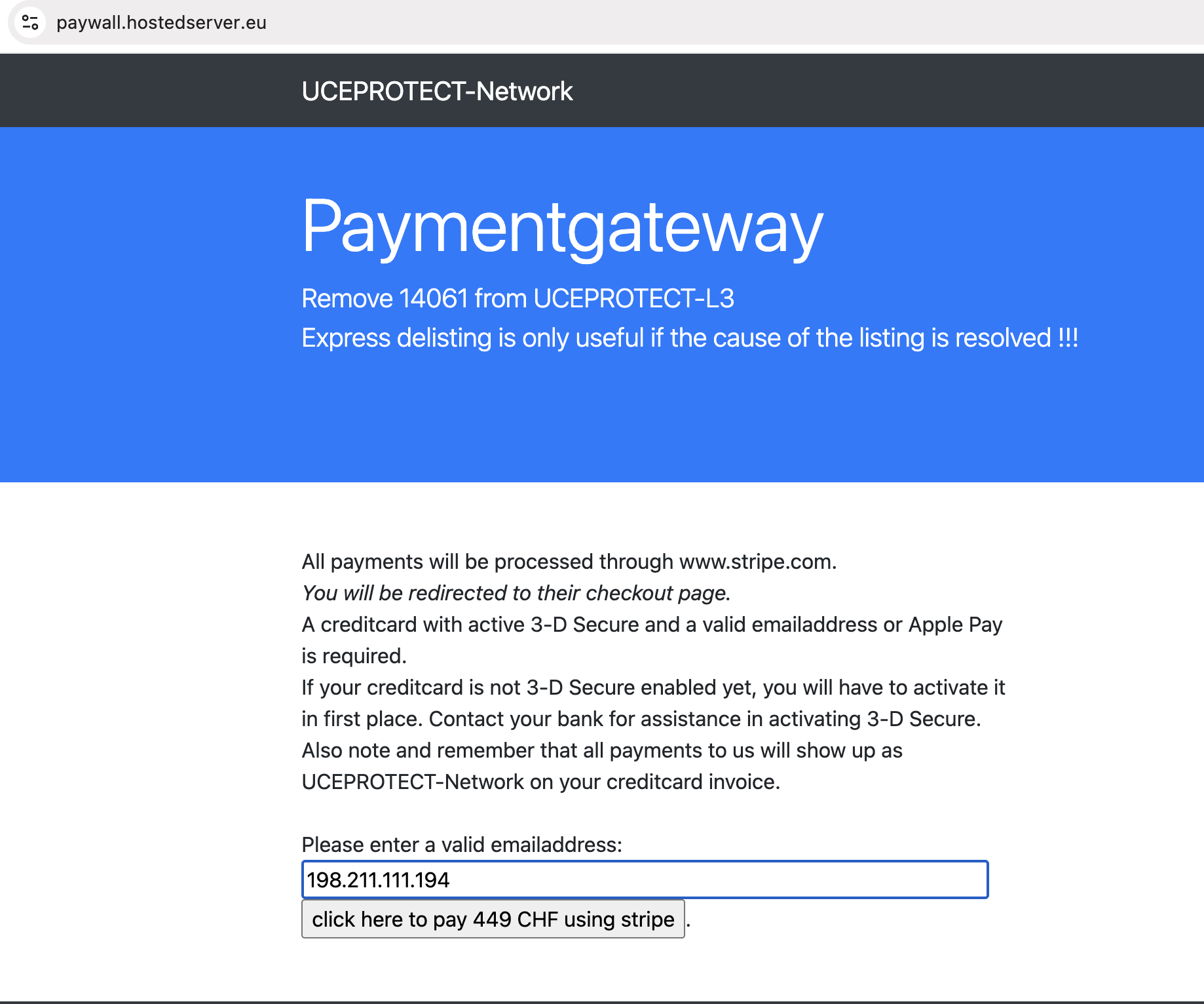 UCEPROTECT express delisting payment page quoting 449 CHF via Stripe to remove a hosting ASN from the Level 3 blacklist