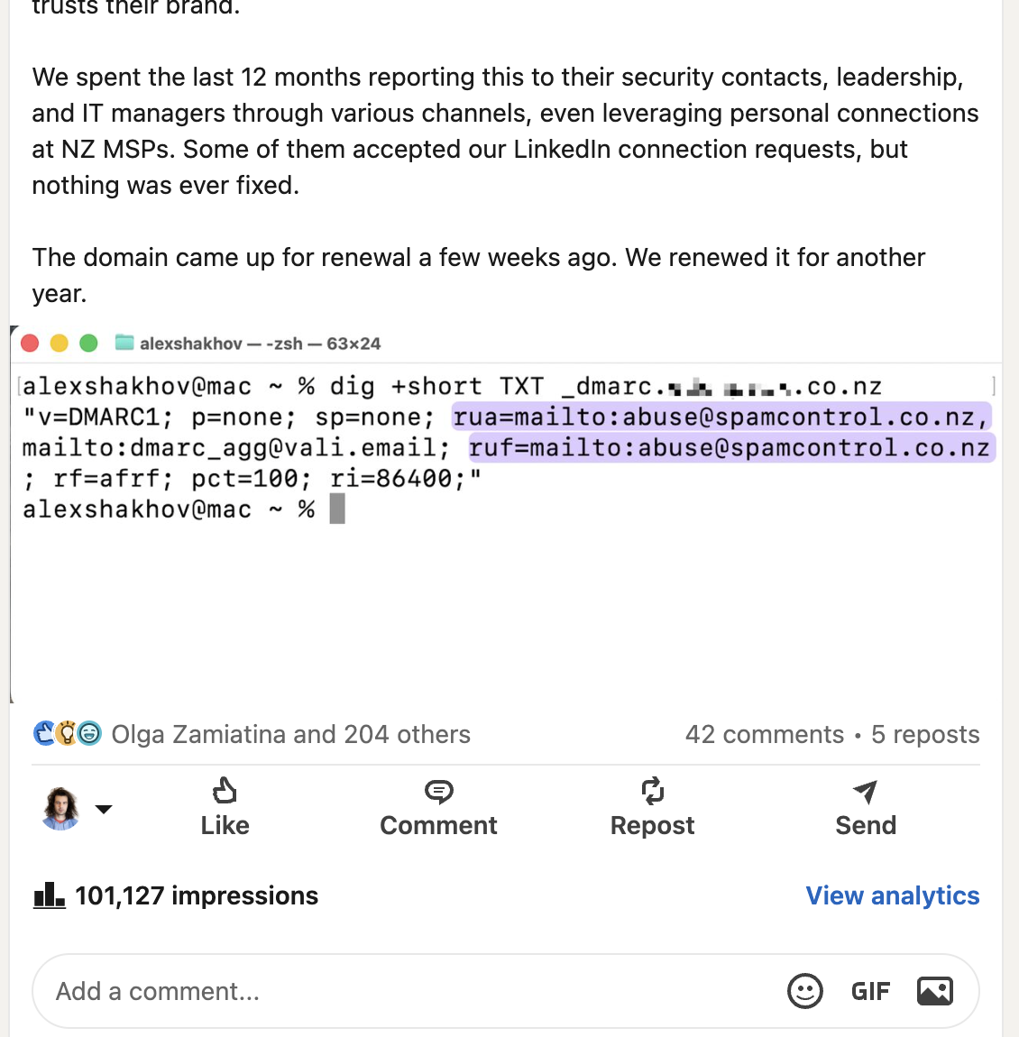 LinkedIn post screenshot with dig output showing the edenpark.co.nz DMARC record before the fix, rua and ruf addresses at spamcontrol.co.nz highlighted