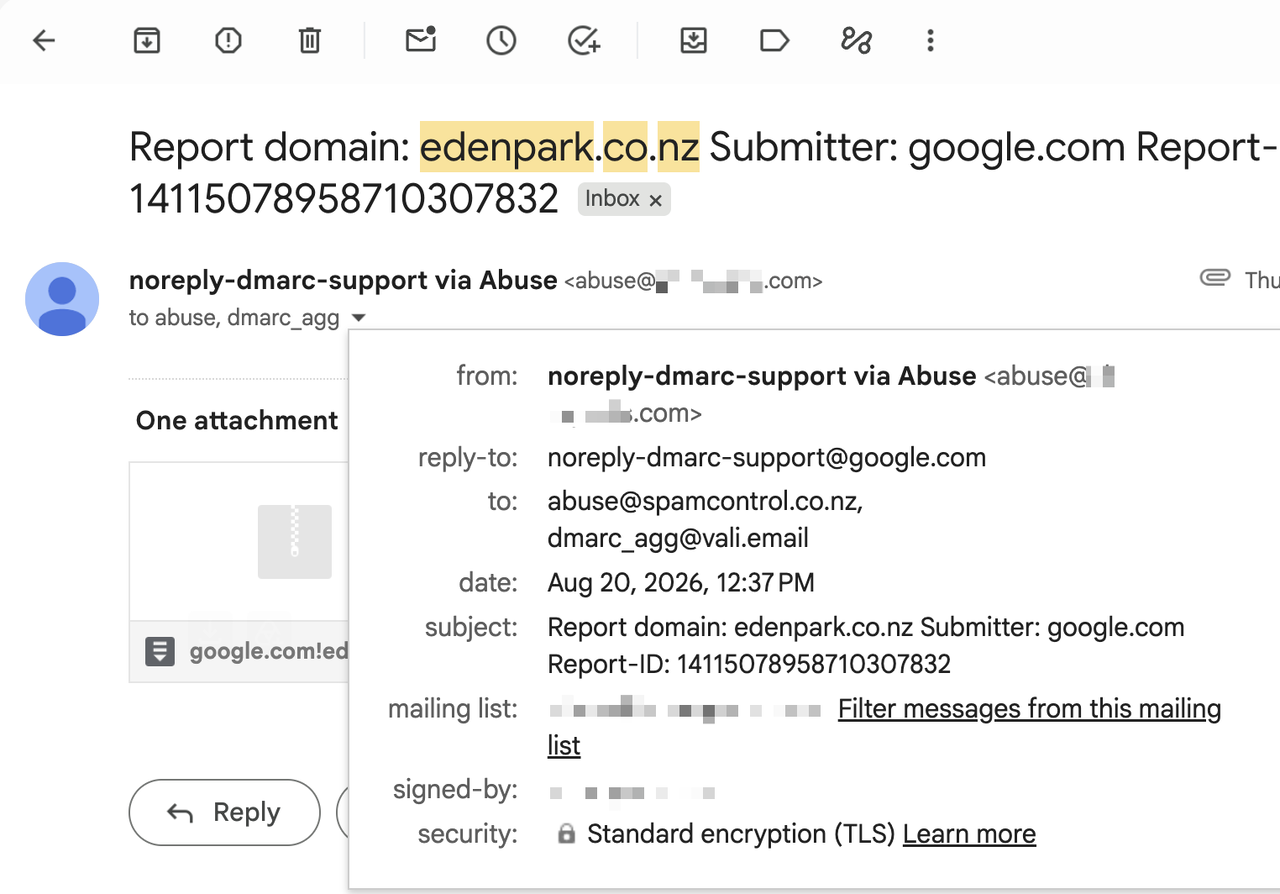 Gmail message from Google's DMARC reporter for edenpark.co.nz addressed to abuse@spamcontrol.co.nz and dmarc_agg@vali.email, dated August 20, 2026