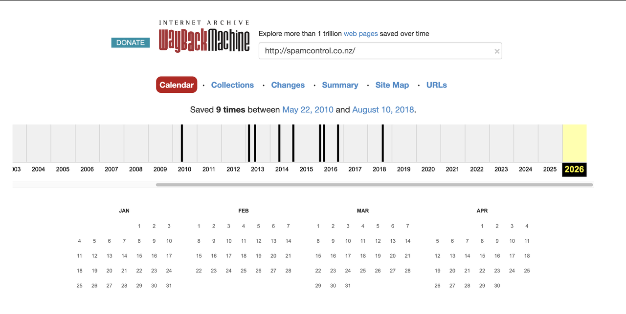 Wayback Machine calendar for spamcontrol.co.nz showing nine captures between May 2010 and August 2018.