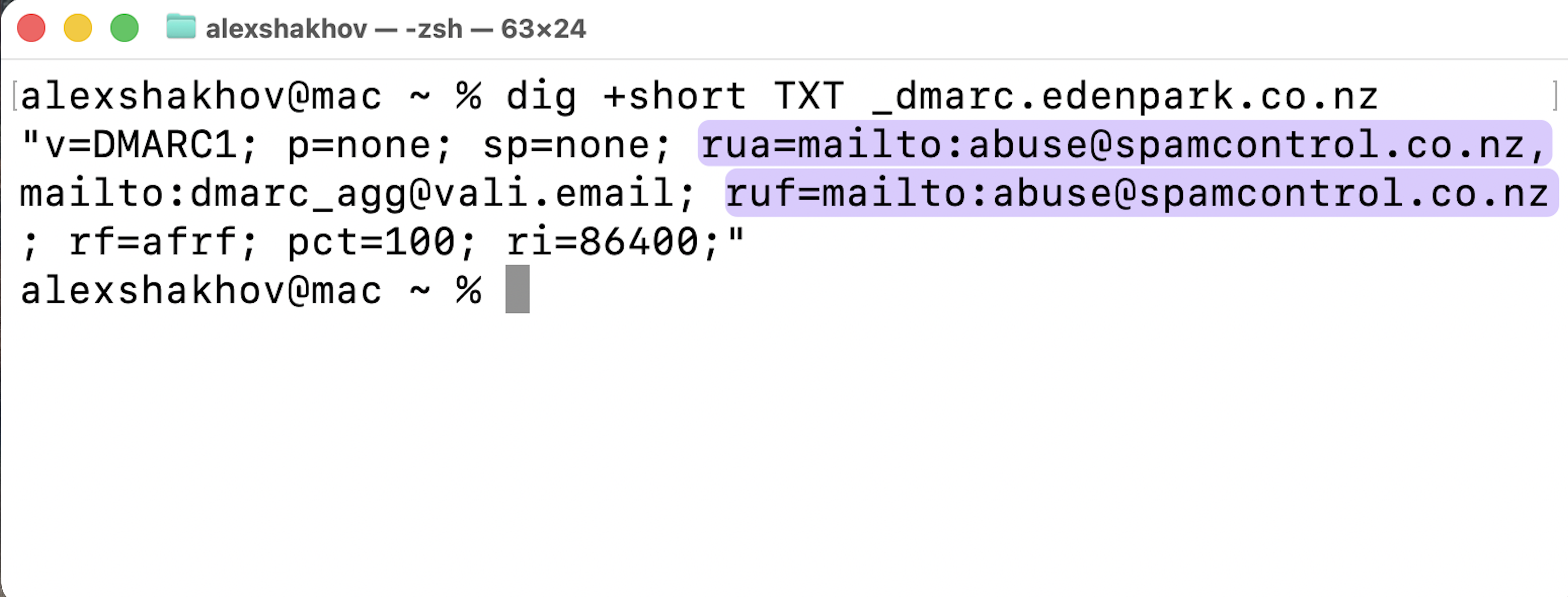 Terminal output of dig +short TXT _dmarc.edenpark.co.nz showing the DMARC record with p=none, sp=none, and both rua and ruf reporting addresses at abuse@spamcontrol.co.nz highlighted.