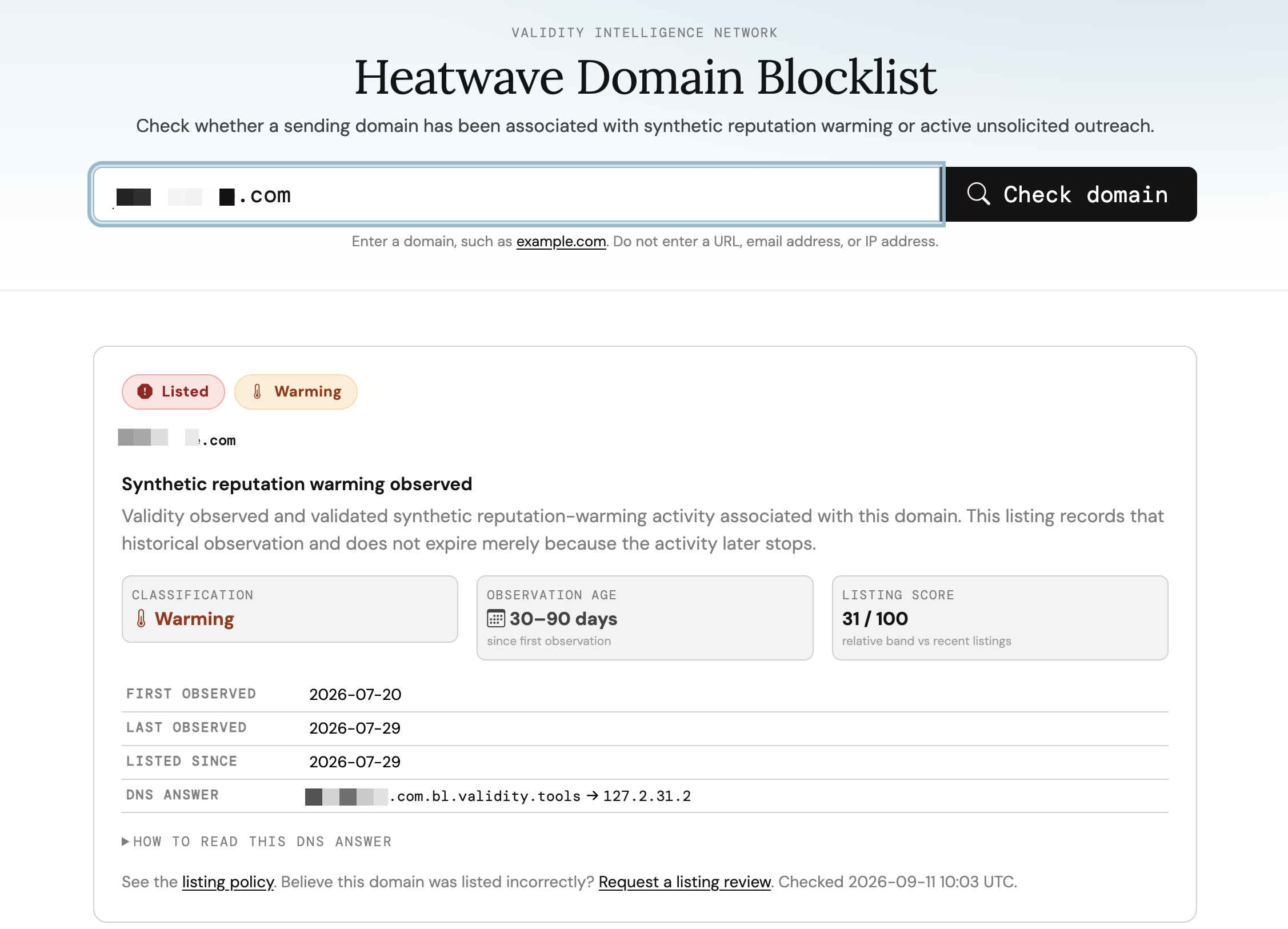Validity Heatwave listing for a redacted domain classified as Warming, first observed July 20, last observed July 29, listed since July 29, with the note that the listing does not expire when activity stops