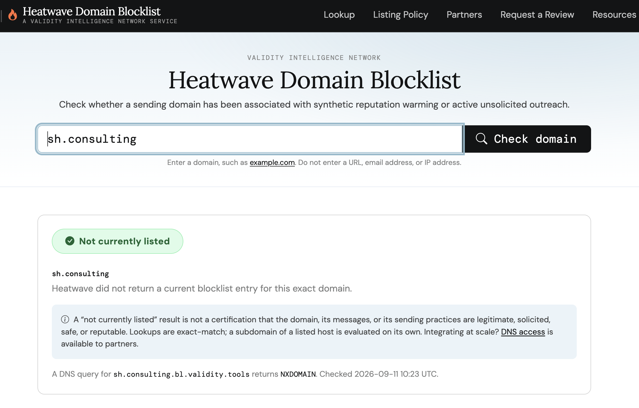 Validity Heatwave Domain Blocklist lookup showing sh.consulting as not currently listed, with the note that a clean result is not a certification of sending practices