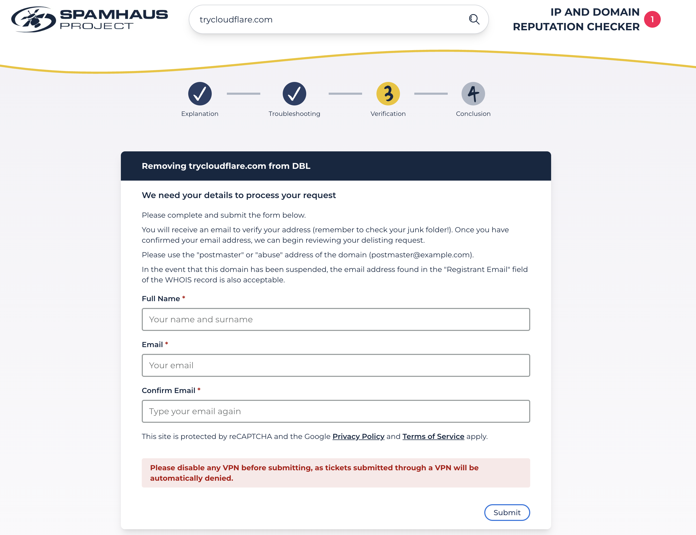 Spamhaus DBL removal request form asking for full name and the domain's postmaster or abuse email address