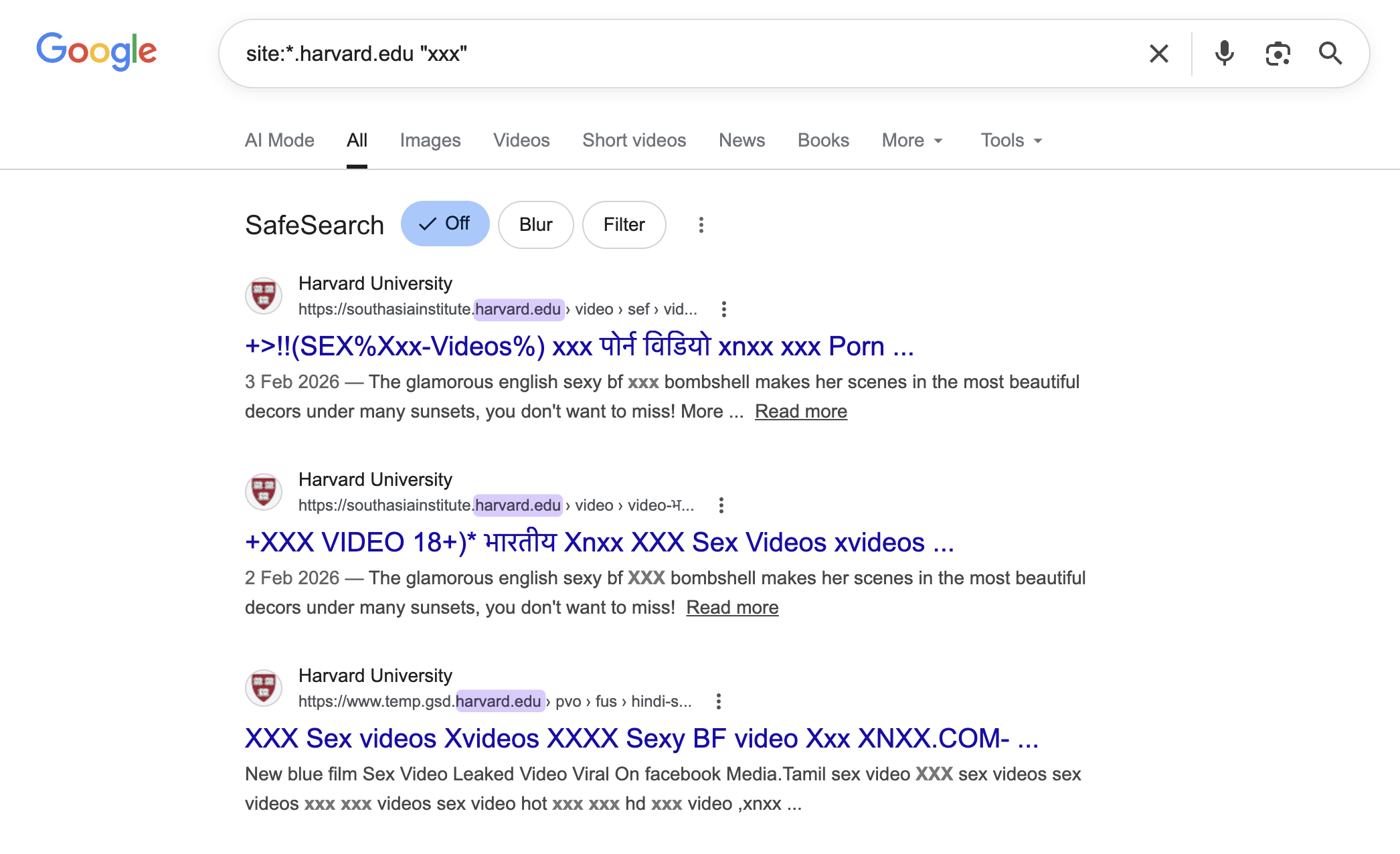 Google search results showing spam pages indexed under harvard.edu subdomains