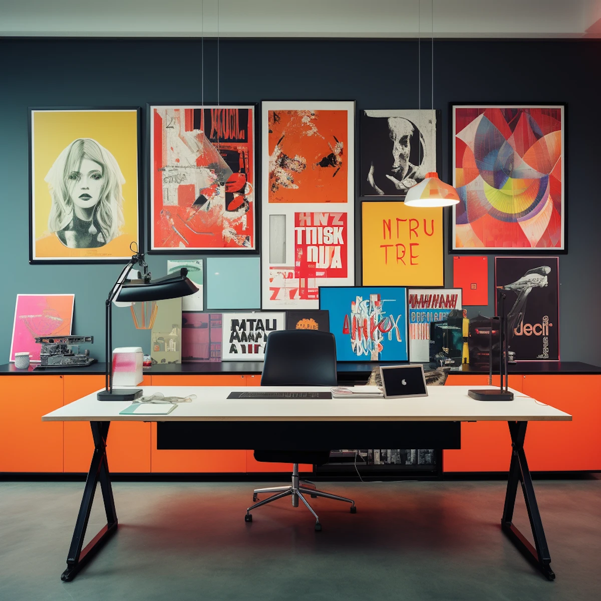 Bureau moderne avec lampe, ordinateur portable, chaise noire et murs décorés de multiples œuvres d'art colorées et abstraites.