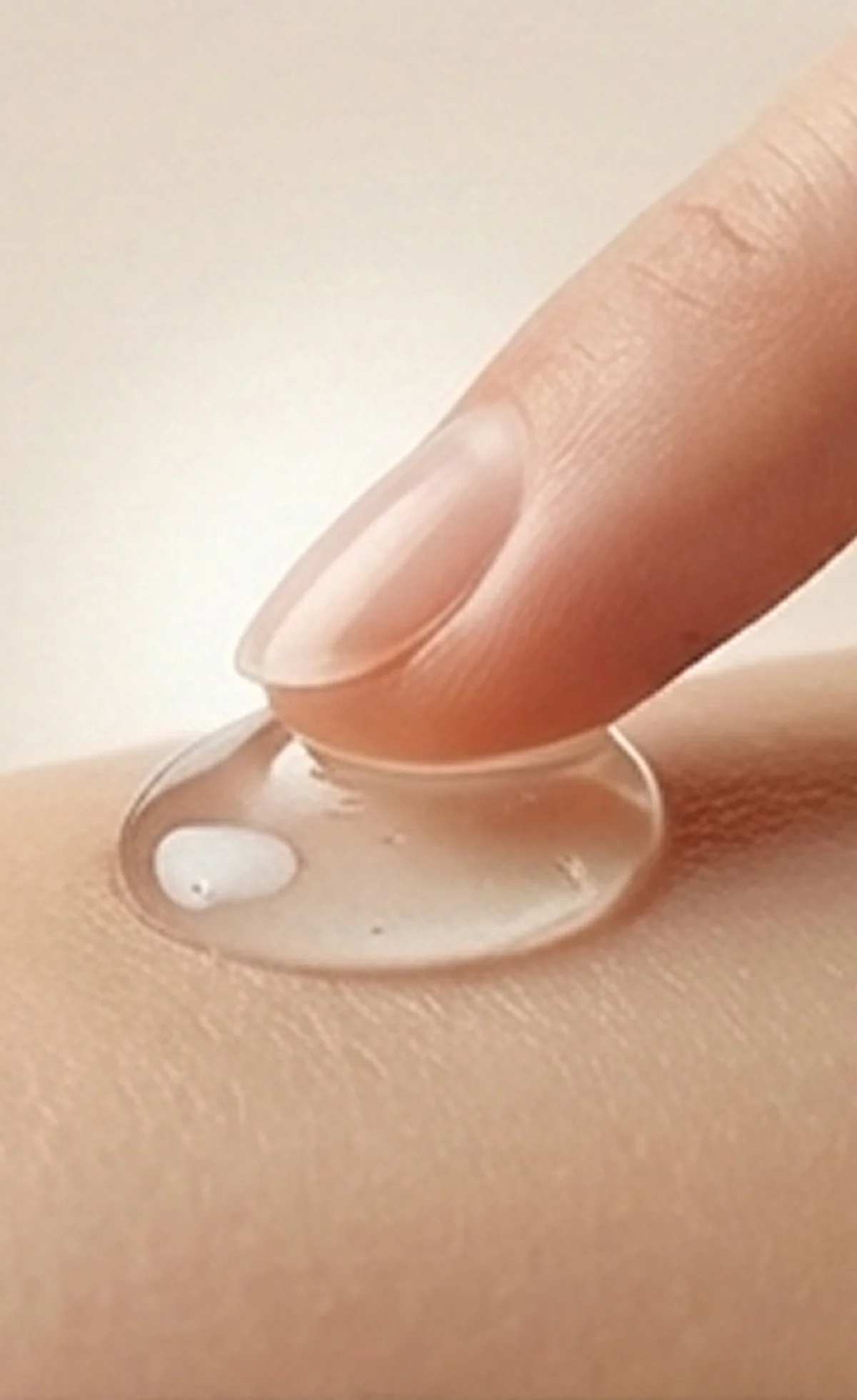 Close-up of a finger touching a clear, round contact lens resting on skin.