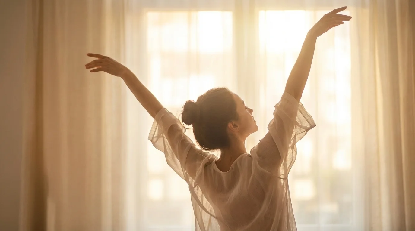 Woman stretching arms upward in front of a window with soft flowing curtains and warm sunlight.