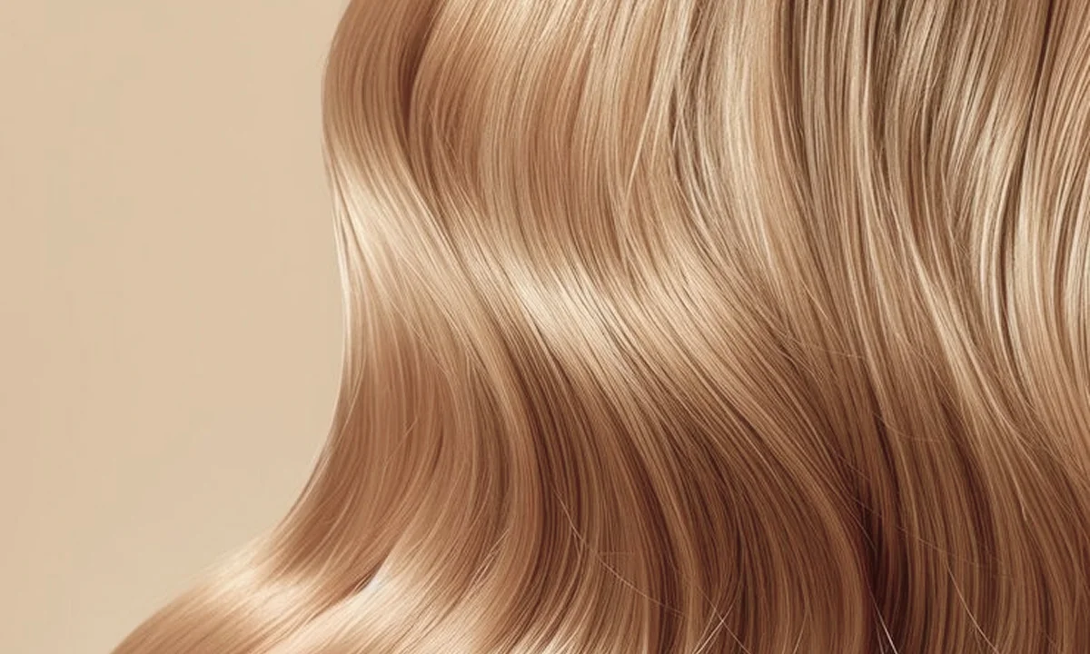 Close-up of smooth, shiny, wavy blonde hair against a beige background.