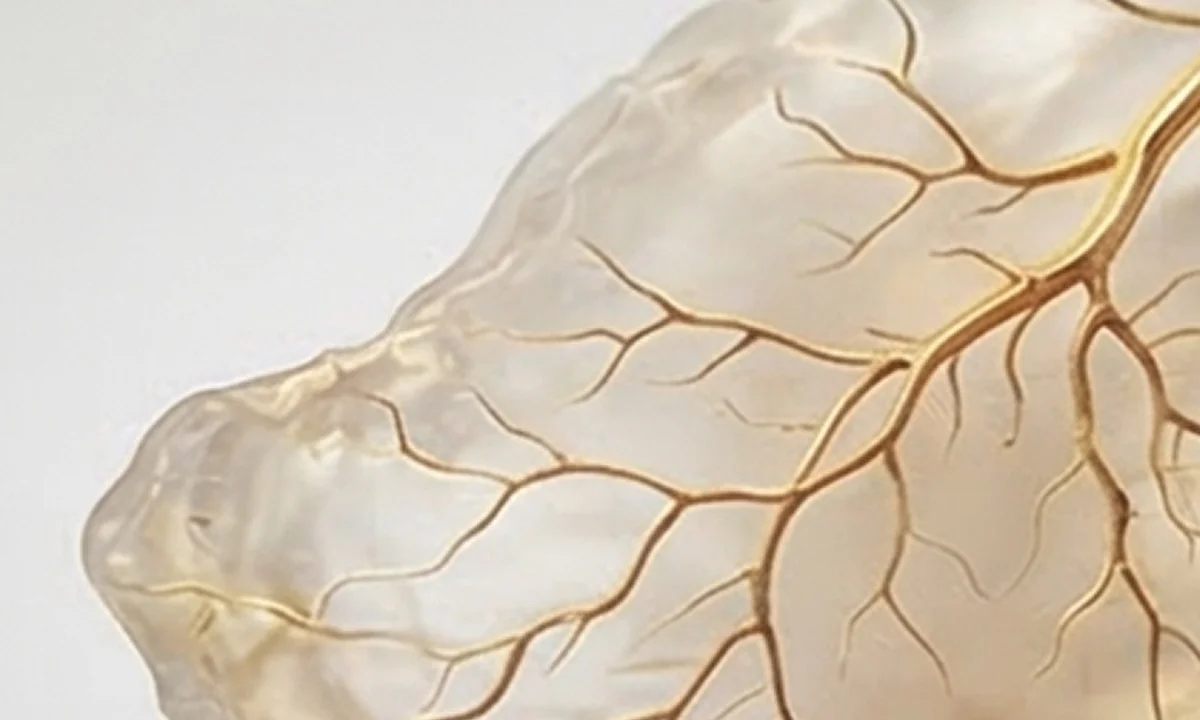 Close-up of a translucent sea shell with visible vein-like brown patterns.