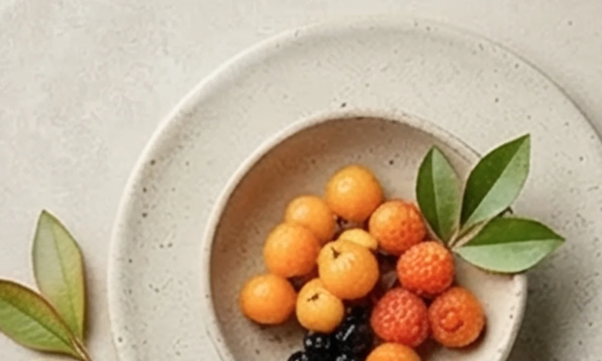 Small beige ceramic bowls stacked, filled with yellow and orange berries and two green leaves on a beige surface.