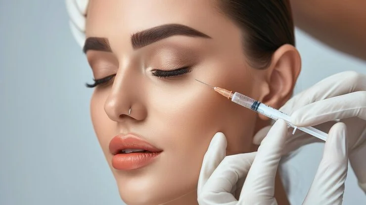 Close-up of a woman with closed eyes receiving a cosmetic injection near her eye from a gloved medical professional.