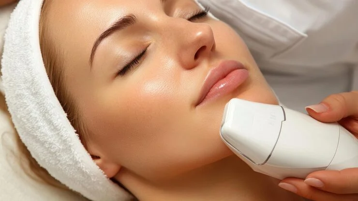 Woman with closed eyes receiving a skincare treatment on her chin with a white handheld device, wearing a white headband.