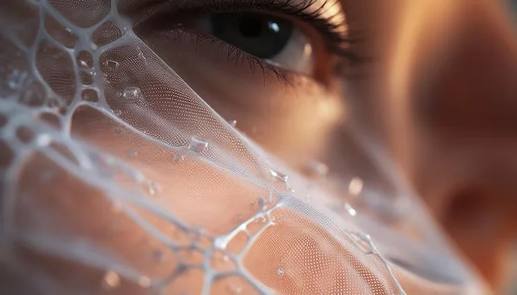 A close up of a woman's face with a veil over her eyes.