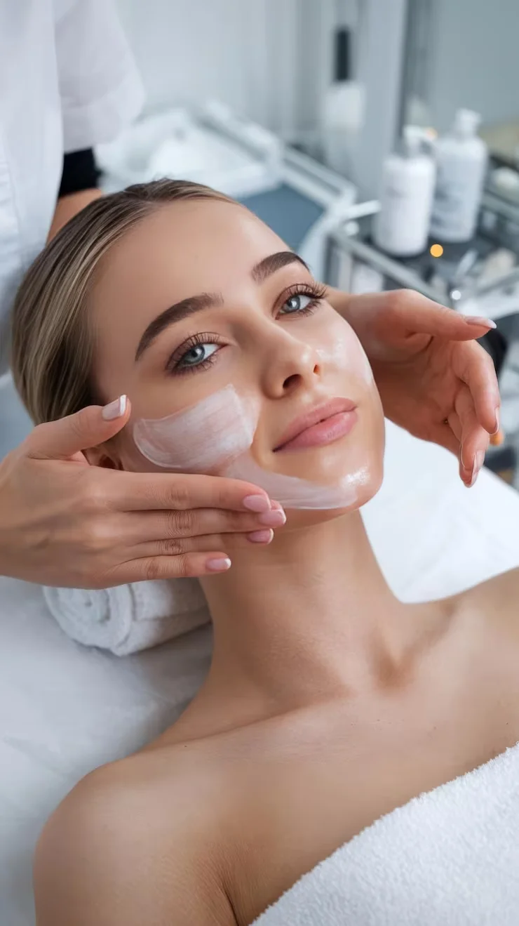 Woman receiving a facial treatment with cream being applied to her cheek in a spa setting.