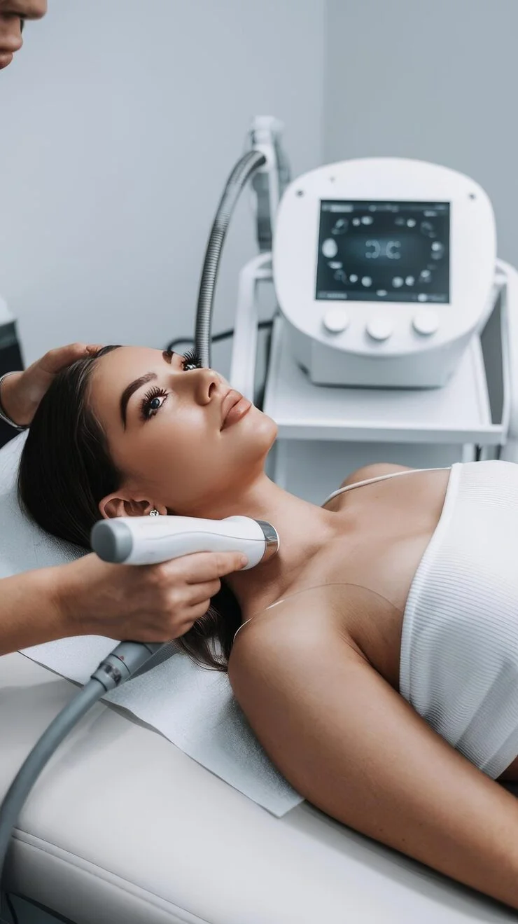 Woman receiving a neck treatment with a handheld device at a skincare clinic.