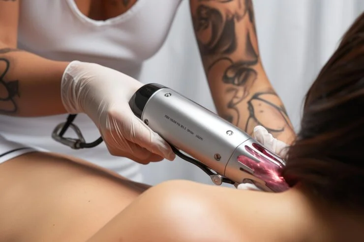 Close-up of a tattooed technician wearing gloves using a laser device on someone's back.