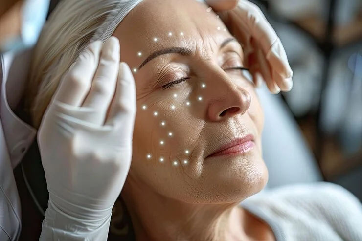 Close-up of a mature woman with eyes closed receiving a cosmetic facial treatment with glowing points marked on her face.