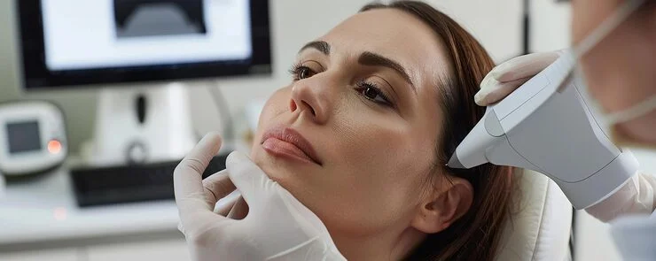 Close-up of a woman receiving a skin treatment with a handheld device at a clinic.