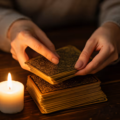 Close up of ornate tarot cards with gold foil edges being shuffled in candlelight
