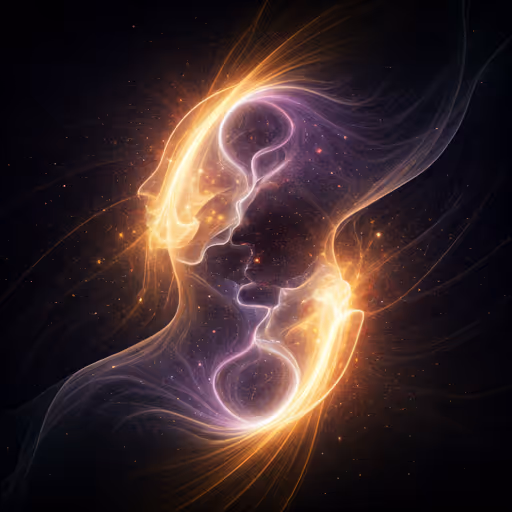 Two ethereal profiles overlapping in cosmic gold and purple light
