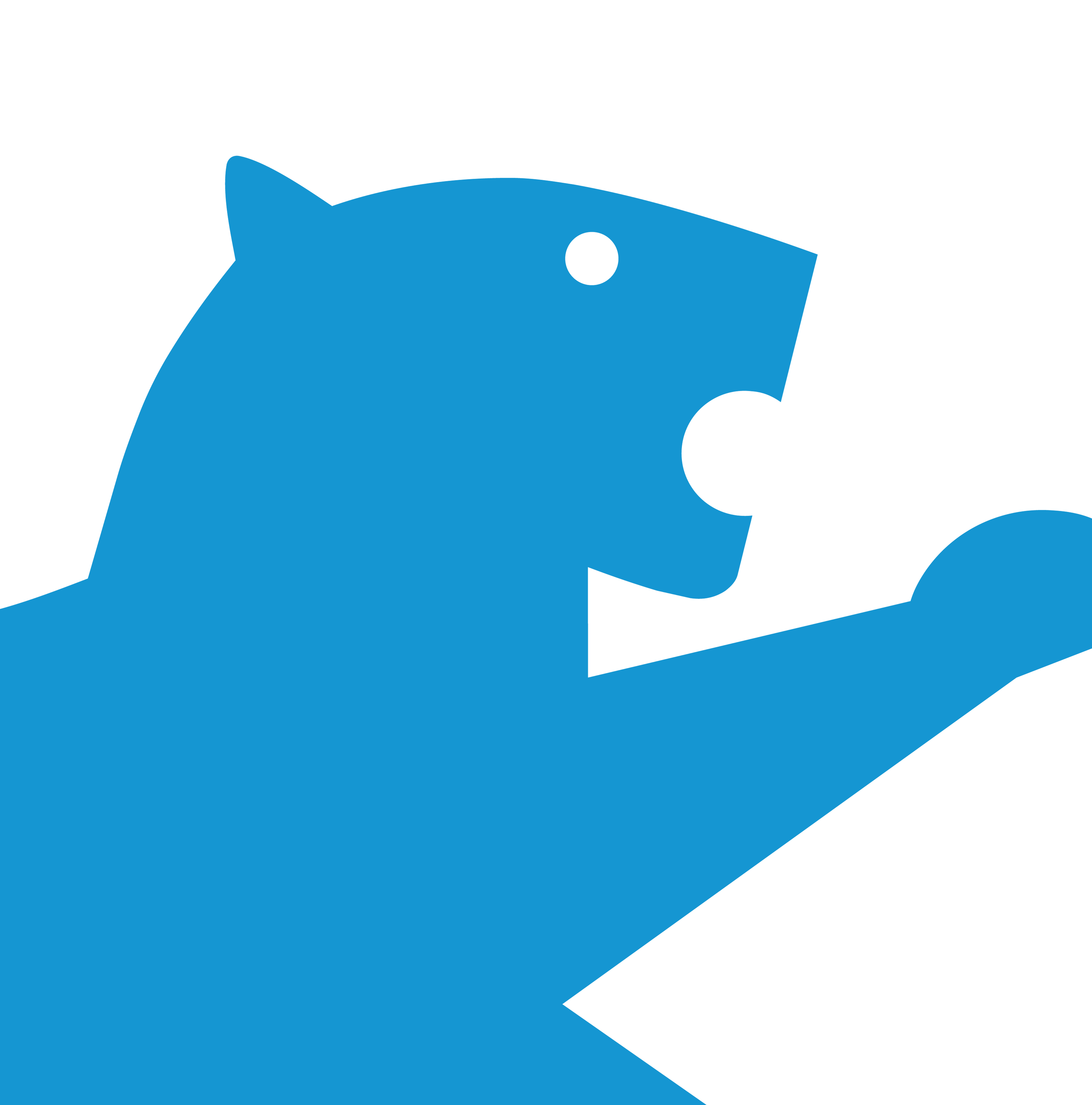 Blaues minimalistisches Bärenprofil mit geöffnetem Maul und erhobenem Vorderbein vor schwarzem Hintergrund.