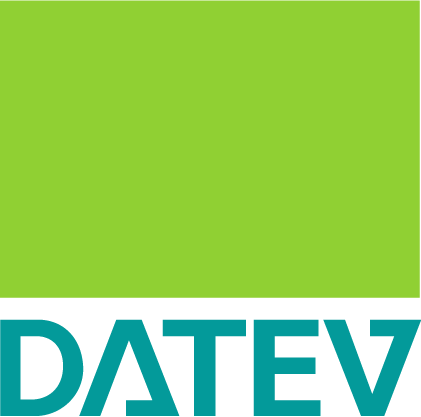 Das DATEV-Logo zeigt das Wort 'DATEV' in blauer Großbuchstaben unter einem großen grünen Rechteck.
