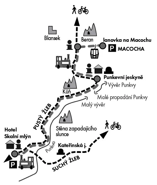 Mapa s turistickými a cyklistickými trasami v oblasti Punkevní jeskyně s označením lanovky na Macochu, hotelu Skalní mlýn, a zajímavostmi jako Stěna zapadajícího slunce a Kateřinská j.